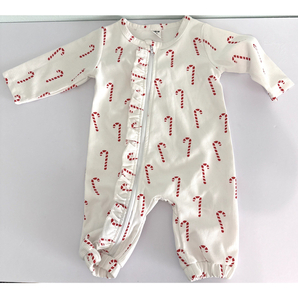 Shein Christmas Baby Girls 3-6 M White Red Candy Cane Pajamas one‎ piece ruffles